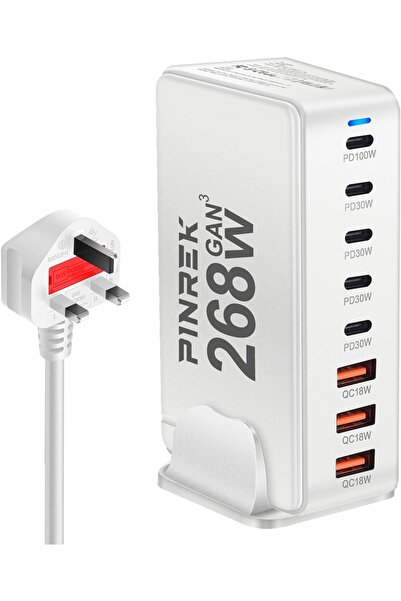 PINREK موزع شاحن USB C بقوة 268 وات - محطة شحن سريع GaN III بـ 8 منافذ مع 100 وات PD Type-C لأجهزة الكمبيوتر المحمولة
