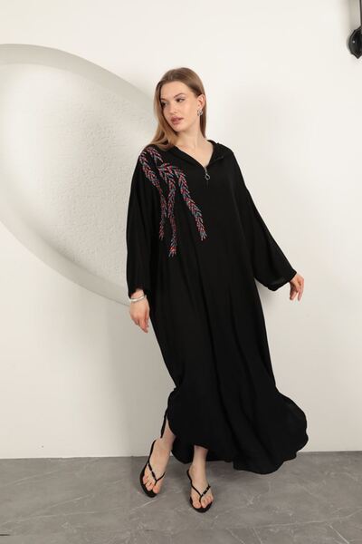 BEEMU Viscose Leaf Embroidered Dress-Black