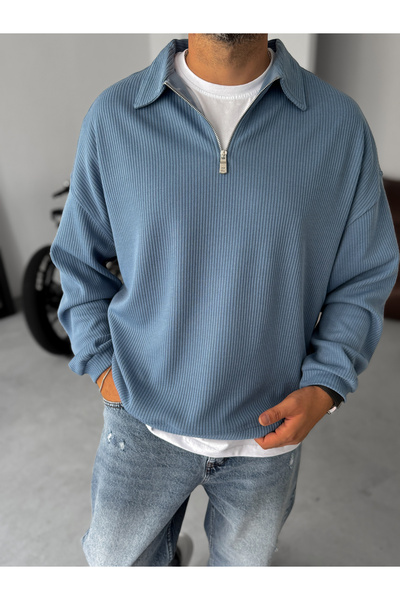 BYBASICMAN Mavi Yarım Fermuarlı Fitilli Sweatshirt JJ-116