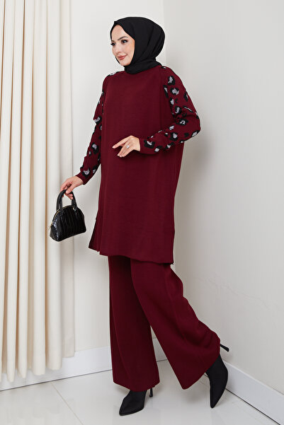 Kirazgym Sleeve Leopard Detailed Steel Knitted Comfortable Fit Women's Tunic and Trouser Knitwear Set
