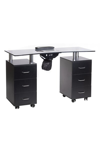 BEAUTY SYSTEM Masă manichiură, 6 sertare, colector de praf, pernă ergonomică, blat din sticlă, neagră