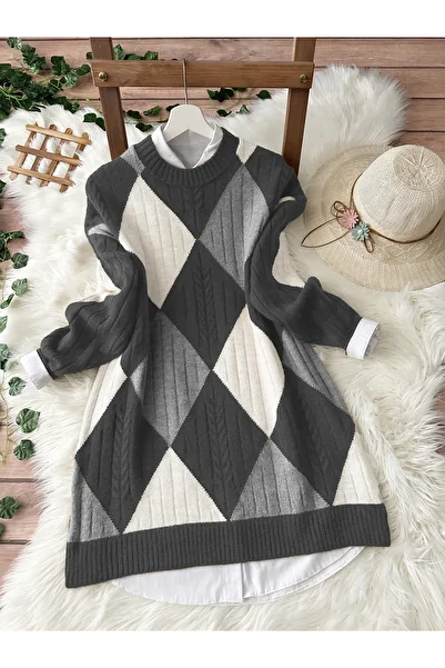 MODAQU Colorful Baklava Soft Knitwear Tunic - Gray