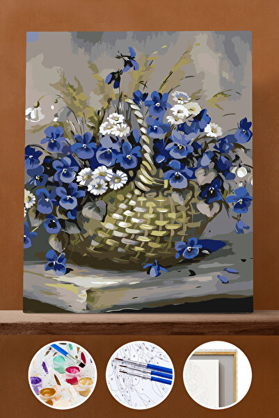 Pastelya Sayılarla Boyama Seti Çerçeveli Kasnaklı Sepetteki Menekşeler 50x65 cm