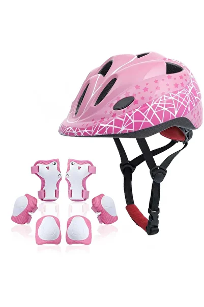 Elindor 7 in 1 Children's Protection Set, Adjustable Size Helmet, 3-8 Years, Galactic, Size S, Pink