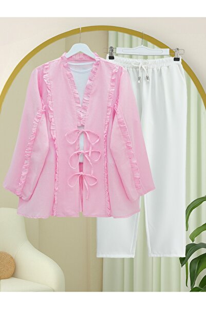 Modamorfo Linen Shirt with Ruffle Front and Sleeves - Pink