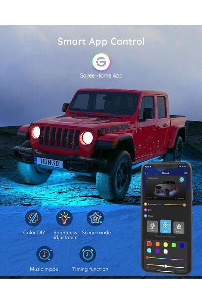 Govee Underglow Car Lights - 4pcs RGBIC Smart LED Strips, 16M Colors, App & Music Sync, DC 12-24V