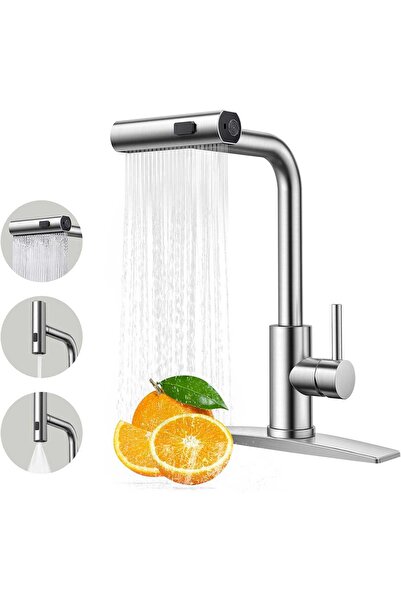 Elindor Premium Kitchen Faucet with Pull-out Spray, 3 in 1, 360 Degree, Lead-Free Stainless Steel, Silver