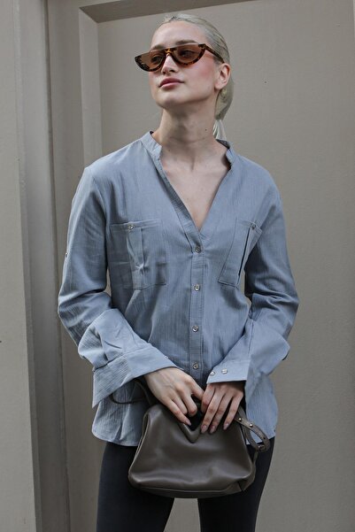 Seeh Γυναικείο πουκάμισο με καπνιστό κυρτό μανίκι από λινό μείγμα SH291