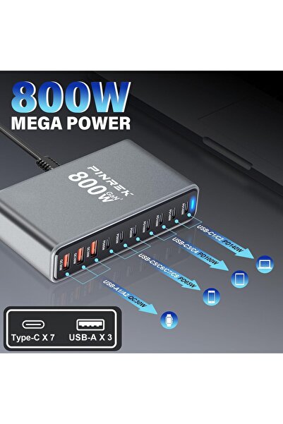 PINREK موزع شاحن GaN III USB-C بقوة 800 وات و10 منافذ مع كابل PD3.1 بقوة 140 وات وكابل 100 وات