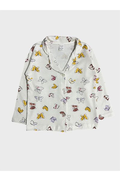 ALİŞ KİDS Set de pijamale pentru fete din bumbac alb cu imprimeu de fluturi, cu guler cămașă și nasturi până la picioare