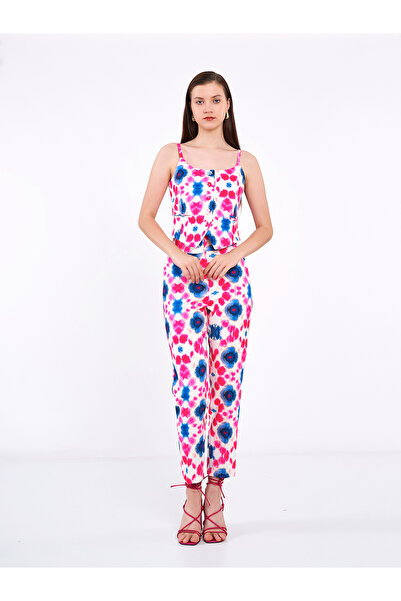 Swass Fuchsia Feather Patterned Strap Vest and Pants Set