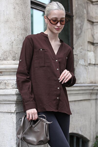 Seeh Γυναικείο πουκάμισο με καφέ μπούκλες από λινό μείγμα SH291