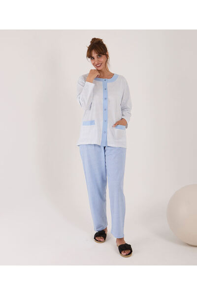 AYSUN TEKSTİL SET DE PIJAMALE DE DAMA, 100% BUMBAC, CU CROP LARG, CU BUTONI PE TOATA FATA, CU MODEL DE INIMI.