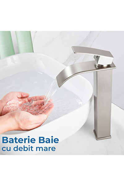 Elindor Modern Waterfall Sink Faucet for Bathroom/Kitchen, Single Handle, Stainless Steel, Brushed Nickel