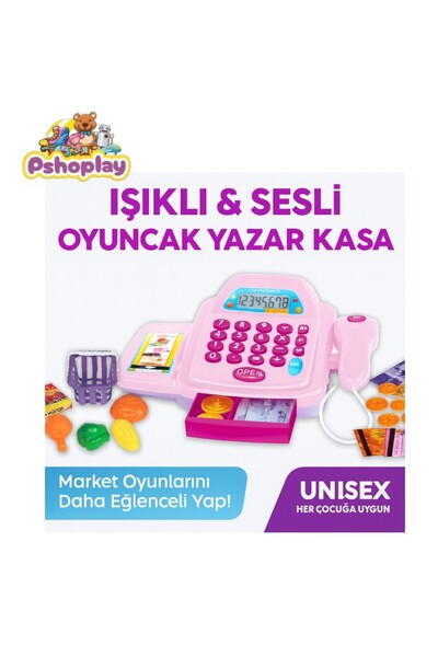 Pshoplay Işıklı ve Sesli Oyuncak Yazar Kasa – Aksesuarlı Market Oyunu Seti