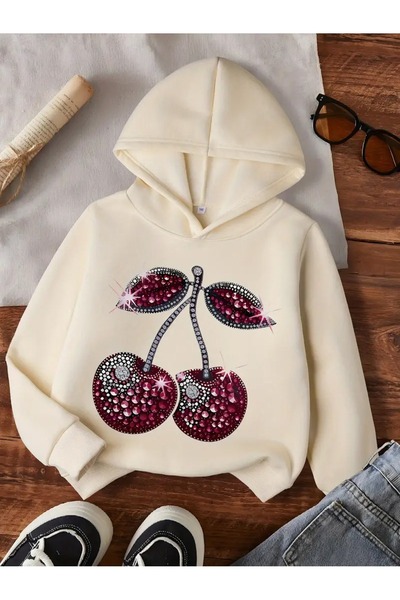 oneagılyazı Kışlık Kapüşonlu Sweatshirt, Çocuk Pırlanta Kiraz Baskılı