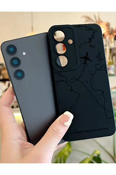 KVK PRİVACY Samsung S24 FE Uyumlu – Siyah Harita Desenli Yumuşak Silikon Kılıf