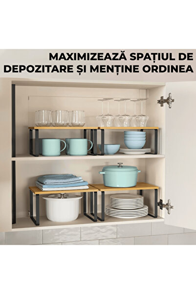 Elindor Set de 2 rafturi extensibile, multifuncționale, bambus/oțel, negru