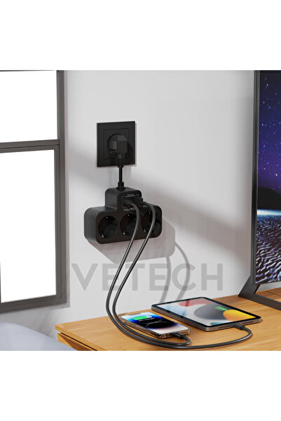 Vetech Akım Korumalı Grup Priz Duvar Tipi 3x Priz, 2x Type-C, 1x USB Port Çıkışlı Çoklu Priz