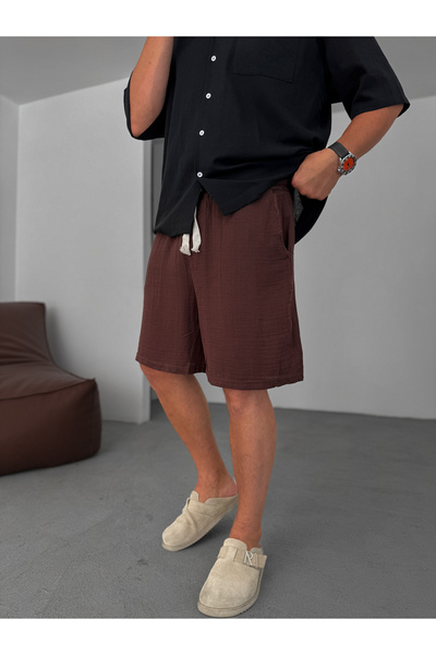 BYBASICMAN Brown Muslin Fabric Basic Shorts Ke-7002