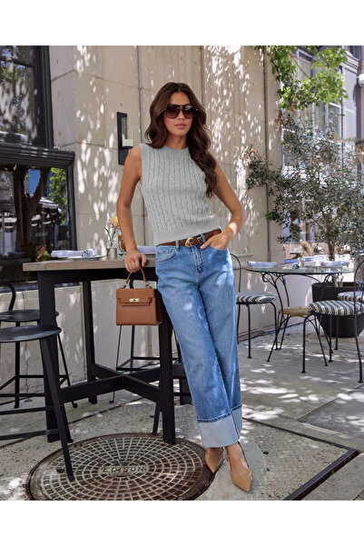 AQE FASHION Women's Sleeveless Hair Knitted Patterned Crew Neck Casual Knitwear Sweater Light Gray