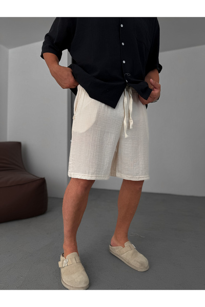 BYBASICMAN Beige Muslin Fabric Basic Shorts Ke-7002