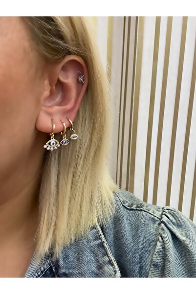 Hicrans Takı İNCİ DETAYLI NAZAR BONCUKLU MODEL ÜÇLÜ SET ÇELİK KÜPE