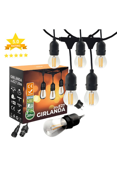 Ledigo Ghirlandă pandantiv 20m cu 20 becuri LED E27, lumină caldă, IP44