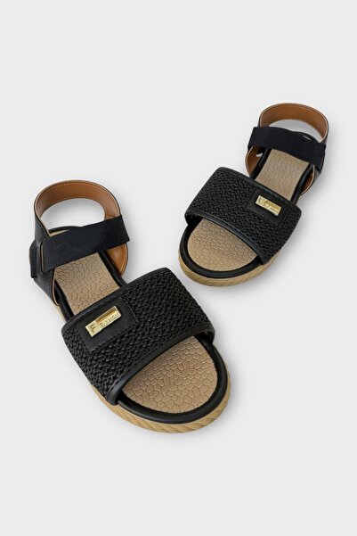 Liger Women's Straw Single Strap Rubber Detailed Sandals Black
