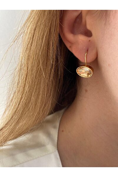 marsel aksesuar Bella Gold Brass Earrings with Crystal Stones
