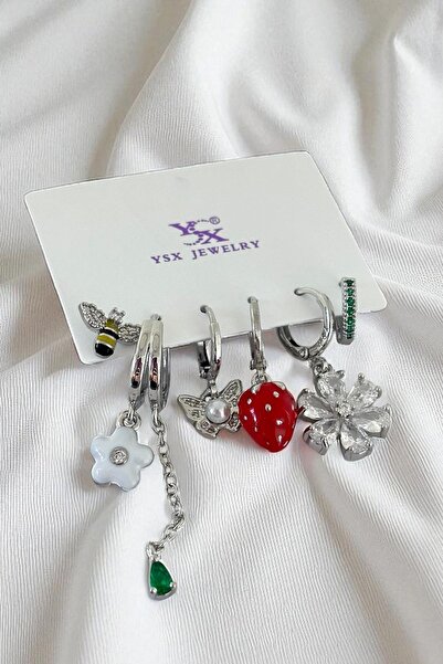 TAKIŞTIR مجموعة أقراط YSX مكونة من 6 قطع باللون الفضي مع تفاصيل حجرية بأشكال ...