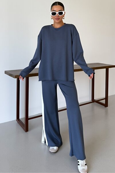 Trendseninle Kadın Füme Yan Kalın Çizgili Yırtmaç Detay Modal Kumaş Alt-Üst Takım