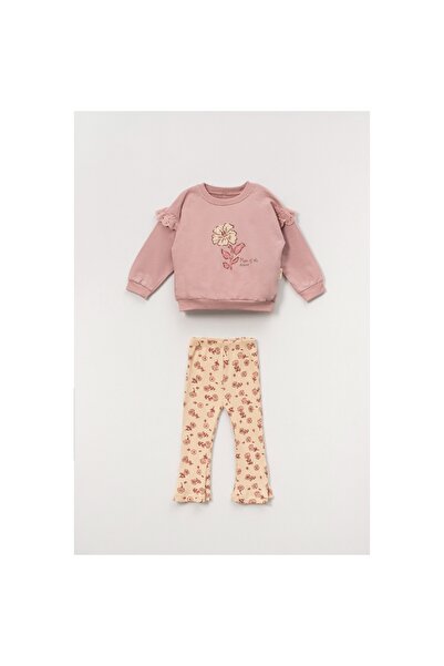 vovido kids Floral Printed Girl's Double Set with Scalloped Sleeves