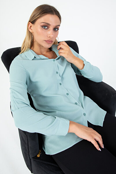 Nuevo Kadın Açık Mint Yeşili Basic Viskon Uzun Kollu Düğmeli Şık Gömlek - Kla...