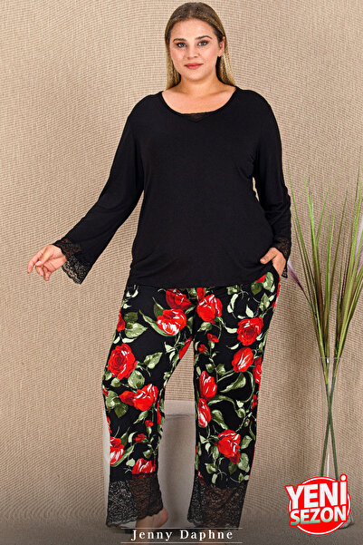 Jenny Daphne Rose Patterned Bottom Lace Detailed Sleeves and Legs Sleepwear Long Sleeve Viscose Fabric Pajamas Set 11422