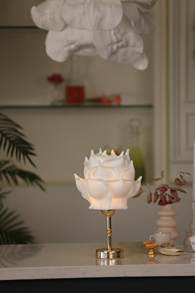 Maison Avf Beyaz Eva Gül Tasarım Şarjlı Masa Lambası - Alt Uzun Parlak Gold