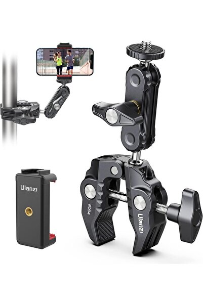 ulanzi مشبك تثبيت كاميرا Super Clamp مع حامل شاشة 360 درجة برأس كروي وذراع سحري مع محول رأس كروي مزدوج