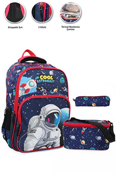 Mashotrend Çizgi Cool Astronot Okul Çantası + Termal Beslenme +Kalemlik Uzay Çanta İlkokul Çantası Sırt Çantası