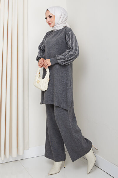 Kirazgym Sleeve Glitter Stripe Detailed Steel Knitted Comfortable Fit Women's Tunic and Trouser Knitwear Set