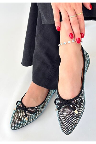 pabucmarketi Black Satin Embroidered Women's Ballerinas