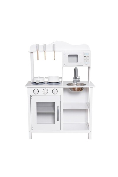 PROCART Wooden and MDF kitchen for children, microwave, sink, shelves, cooking utensils, 60x30x85 cm, white