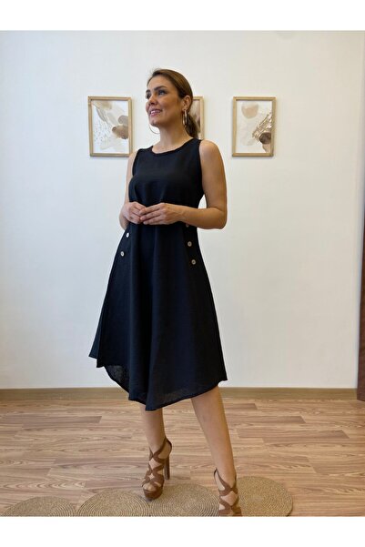 Aychayla Asimetrik Kesim İthal Keten Midi Elbise