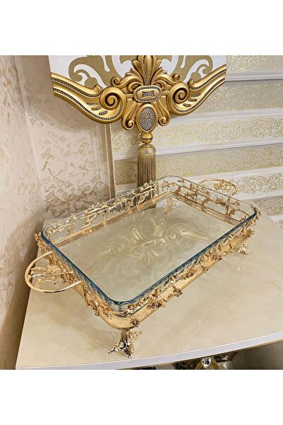 AZADE BAKIR GOLD KOMPLE PİRİNÇ ÇOK ÇİÇEK DİKDÖRTGEN BORCAM CAM SUNUMLUK