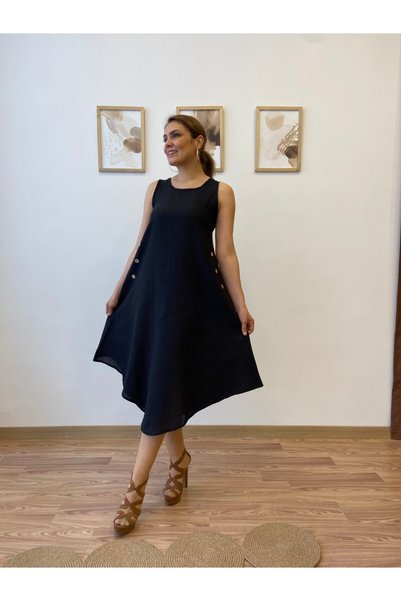 Aychayla Asimetrik Kesim İthal Keten Midi Elbise