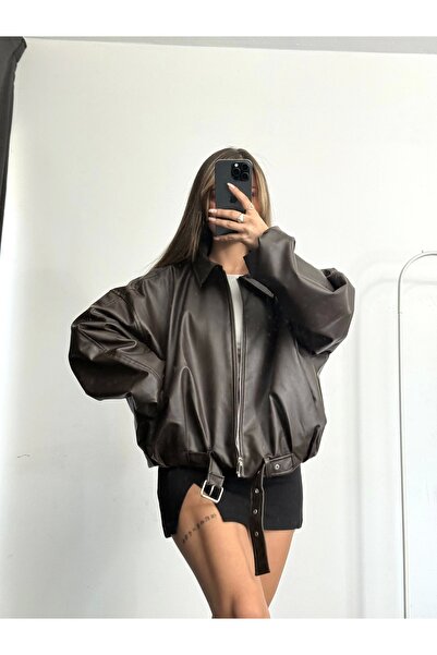 nona butik جاكيت جلد آدا - بني