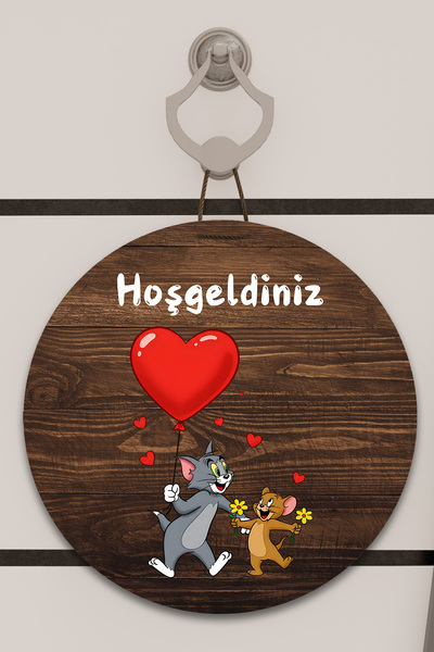 Dormot Dijital Baskı Ahşap, Standart, Kalpli Tom ve Jery Temalı, Kapı süsü, D...