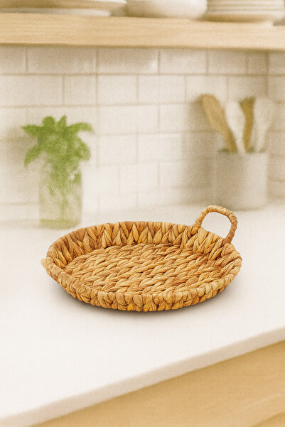 Çavdar Group صينية مستديرة صغيرة الحجم من الخوص مع مقبض، صينية محبوكة يدويًا من الخوص