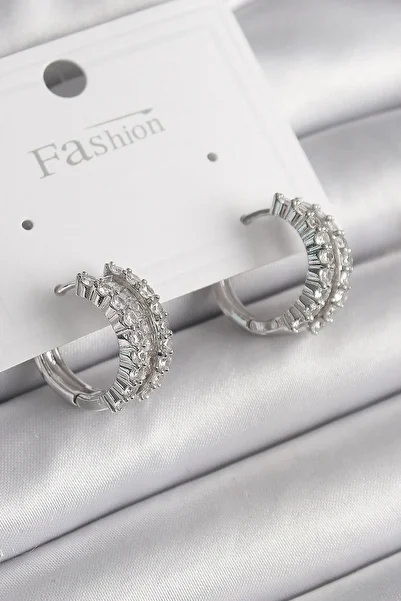 Celira Brass Silver Color Zircon Stone Hoop Model Women's Earrings Ns2549