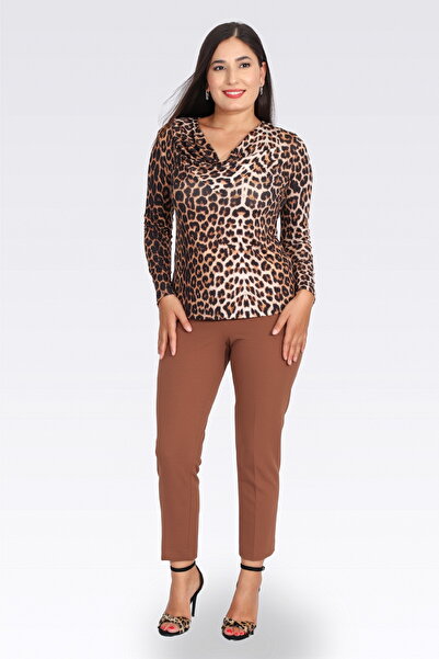 TOLGA SARAÇOĞLU 30083 Camel Narrow Leg Ankle Length Crepe Textured Pants