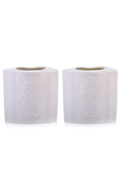 Bosphorus 2 Pieces Pen Holder with Flower Oval Model Ceramic Office Supplies 8X5X10Cm